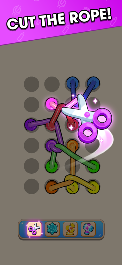 Tangle Rope: Twisted Master - Un par de tijeras moradas cortando una cuerda rosa enredada en una cuadrícula de puzzle.