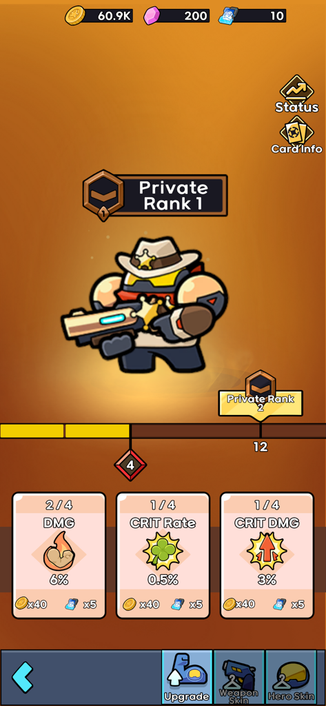 Bunker Defense: 100M Survival - Character upgrade menu in Bunker Defense showing a cowboy hero and stat cards for damage and critical rate
