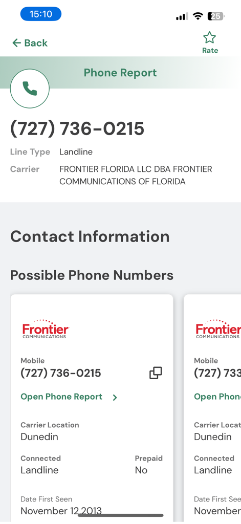 Detailed phone report screen in TruthFinder app showing carrier and landline information