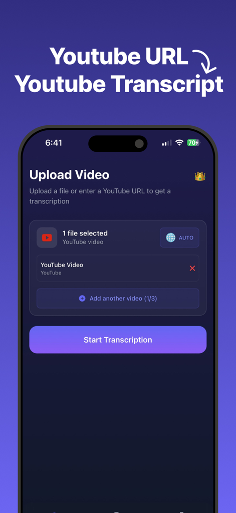 Transcribe Video to Text: Vid2 - URL 링크를 사용하여 YouTube 동영상을 전사하는 과정을 보여주는 Vid2 앱의 인터페이스