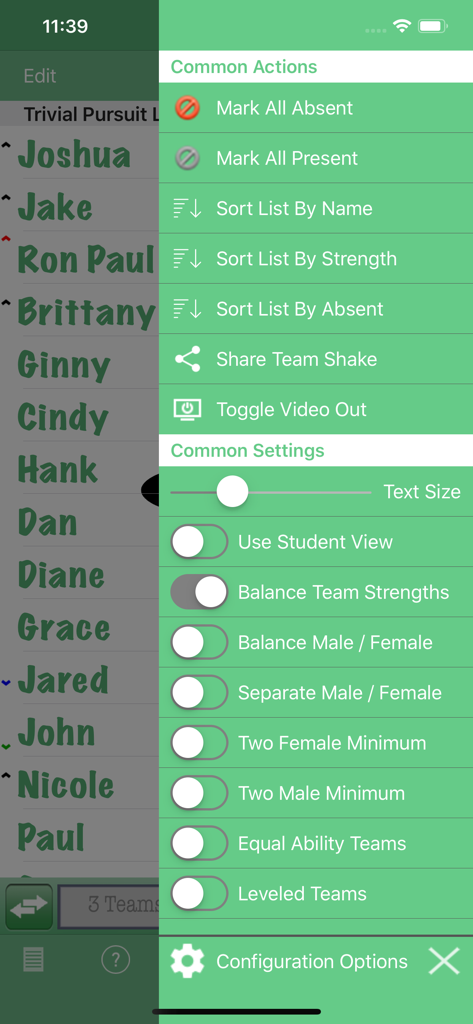Team Shake - Configuration options menu in the Team Shake app showing team balancing and management settings