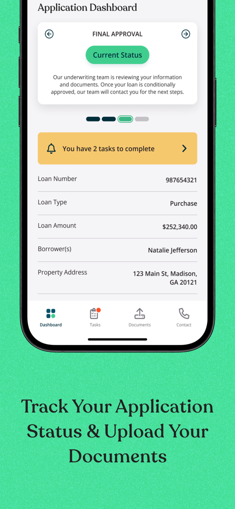 Newrez app dashboard displaying mortgage application status and loan details