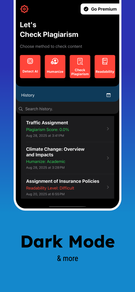 Plagiarism Checker - Detect AI - Interfaz de la aplicación Detector de Plagio en modo oscuro que muestra herramientas de detección de IA, humanización e historial