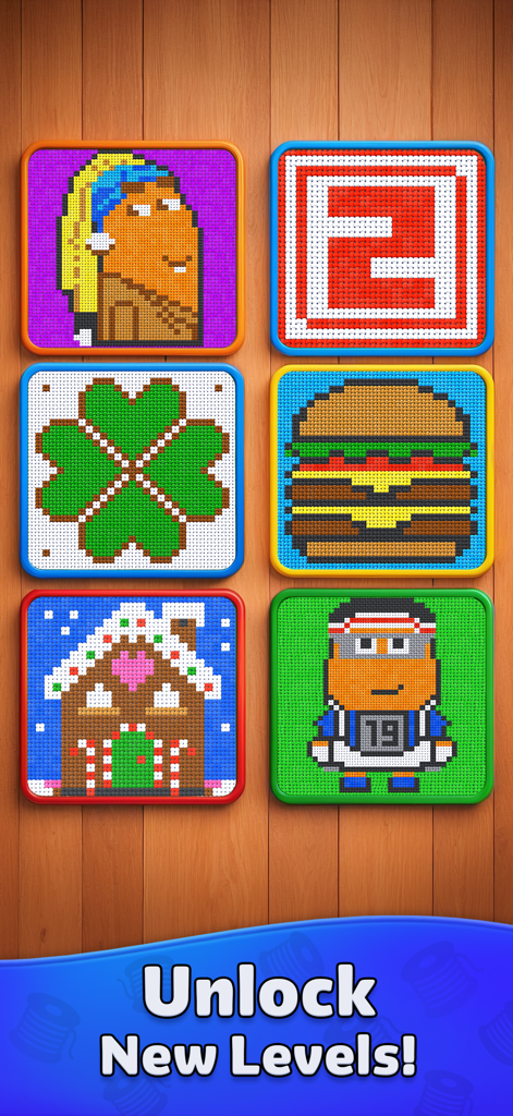 Yarn Flow - A gallery of various colorful knitted patterns in Yarn Flow with the text Unlock New Levels