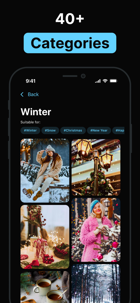 Presets for Lightroom Editor - スノーやクリスマスなどのカテゴリを含む、冬をテーマにした写真プリセットを表示するモバイルアプリ画面