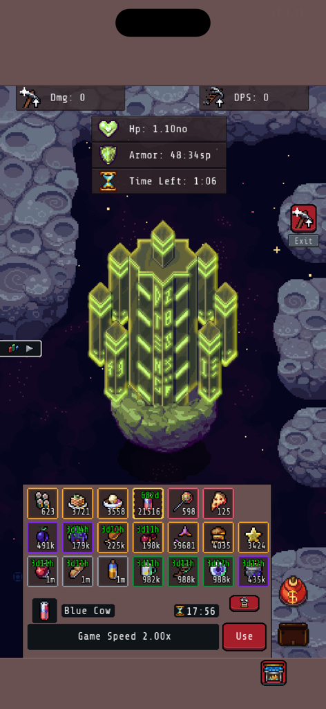 Idle Obelisk Miner - A glowing yellow obelisk in the center of the screen with game stats and inventory items in Idle Obelisk Miner.