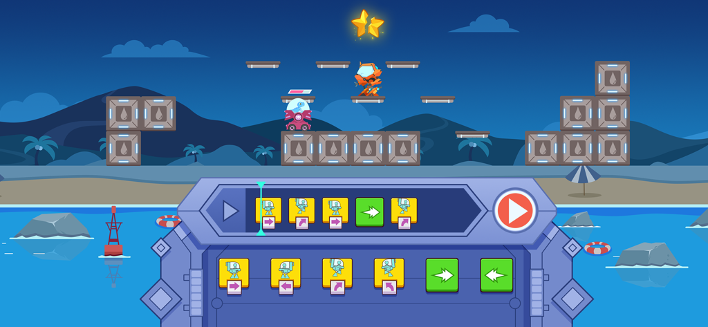 Interface de programmation par blocs et personnage mécha dans Dinosaur Coding 2