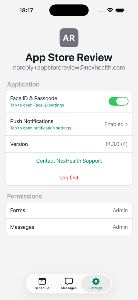 NexHealth mobile app settings menu showing application security options and user permission levels.
