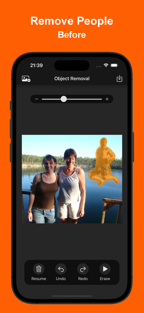 Interface of Inpaint app showing a photo with an unwanted person highlighted for removal