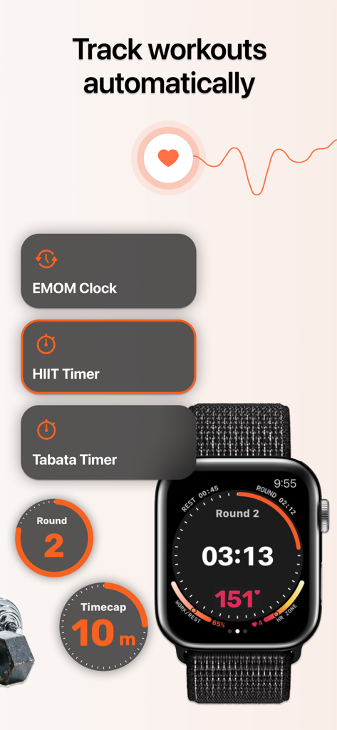 Interfaz de WOD Timer by Atlon mostrando rastreo automático de entrenamiento y temporizadores HIIT en un Apple Watch
