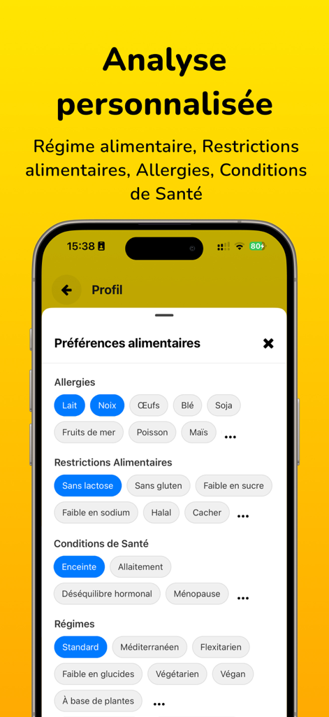 Zesty - Photo Calories - Interfaz de la aplicación Zesty mostrando la configuración de preferencias dietéticas para alergias y condiciones de salud.