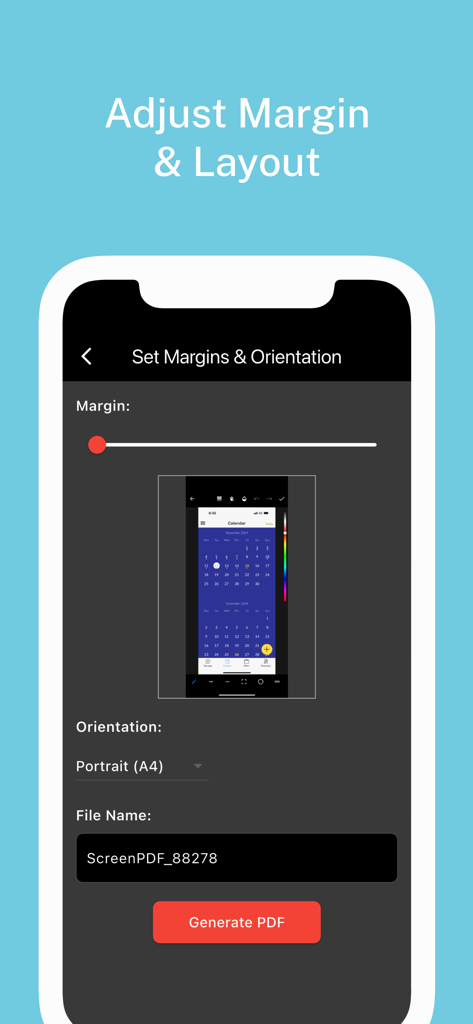 ScreenPDFアプリインターフェース、PDF生成前にマージンを調整、向きを選択、ファイル名を変更するためのオプションを表示