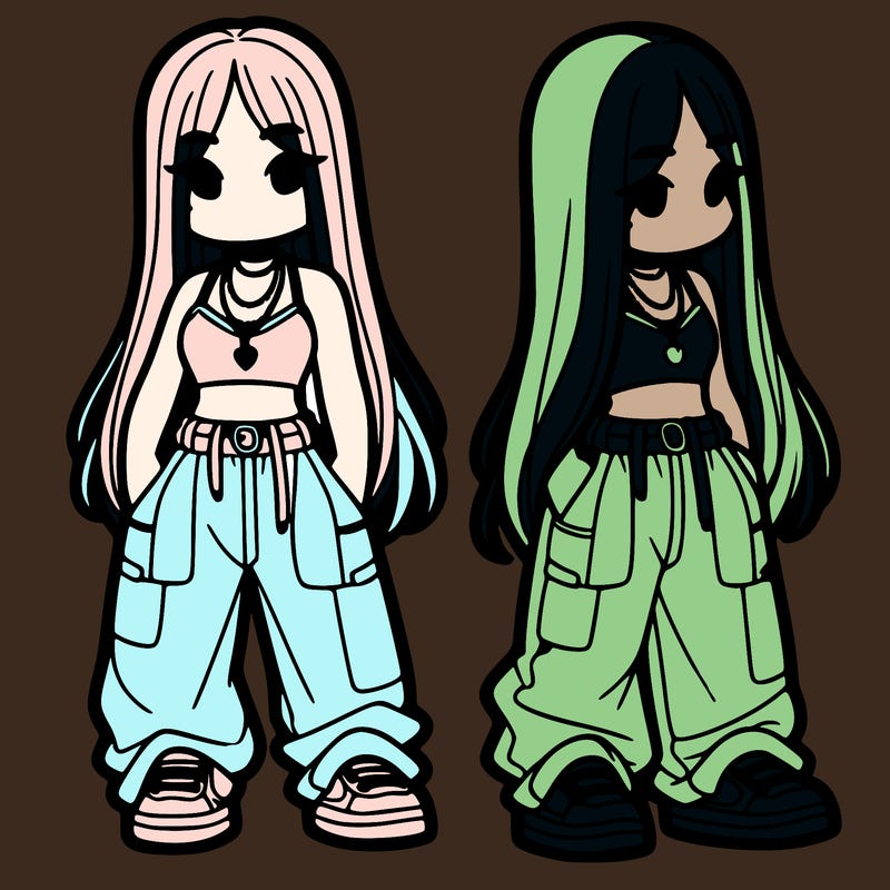 girl in baggy pants crop top and long hair