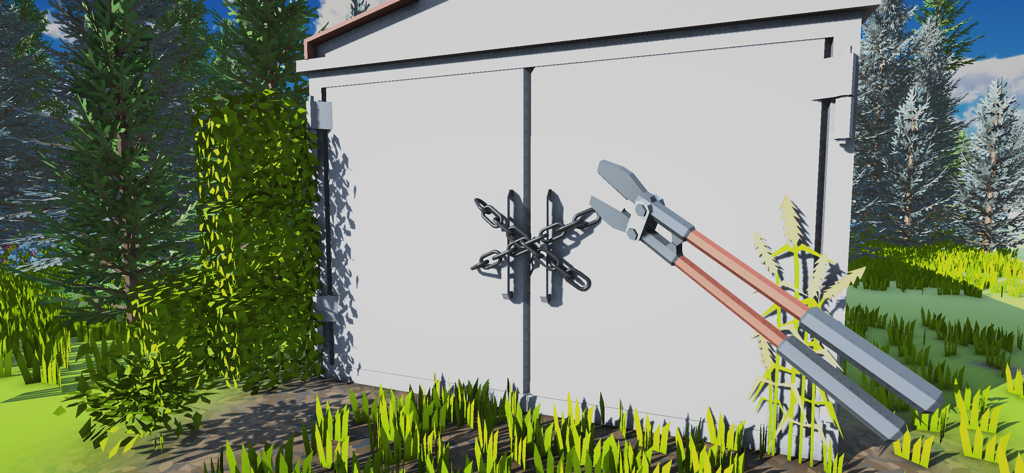 Garage Syndicate: Car Fix Sim - A pair of bolt cutters being used to break metal chains on a locked garage door in a car simulation game.