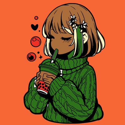 manga girl drinking boba in cozy sweater