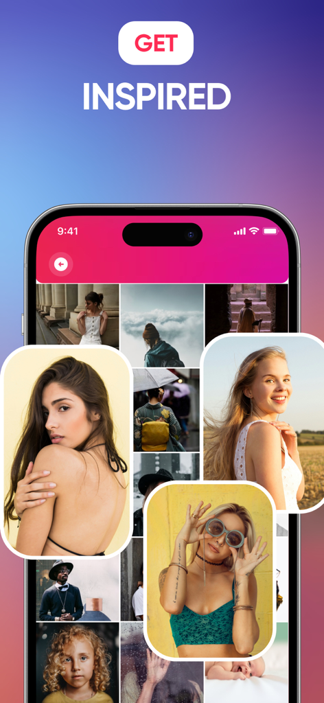 InSaver - Save Reel & Video - InSaver mobile app display featuring a curated inspiration grid of photos and videos for creators