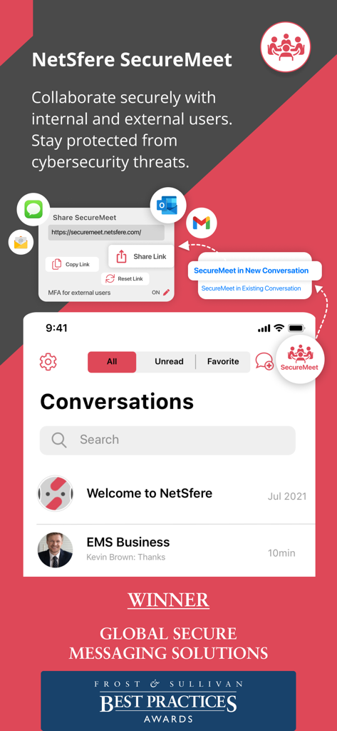 NetSfere Secure Messaging - NetSfere SecureMeet interface showing secure collaboration features and the Frost and Sullivan award for secure messaging