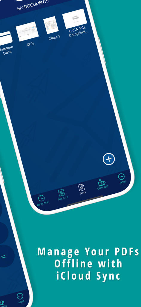 AeroTime Pro - Interfaz de la aplicación AeroTime Pro que muestra la función de gestión de documentos PDF sin conexión con sincronización de iCloud para pilotos