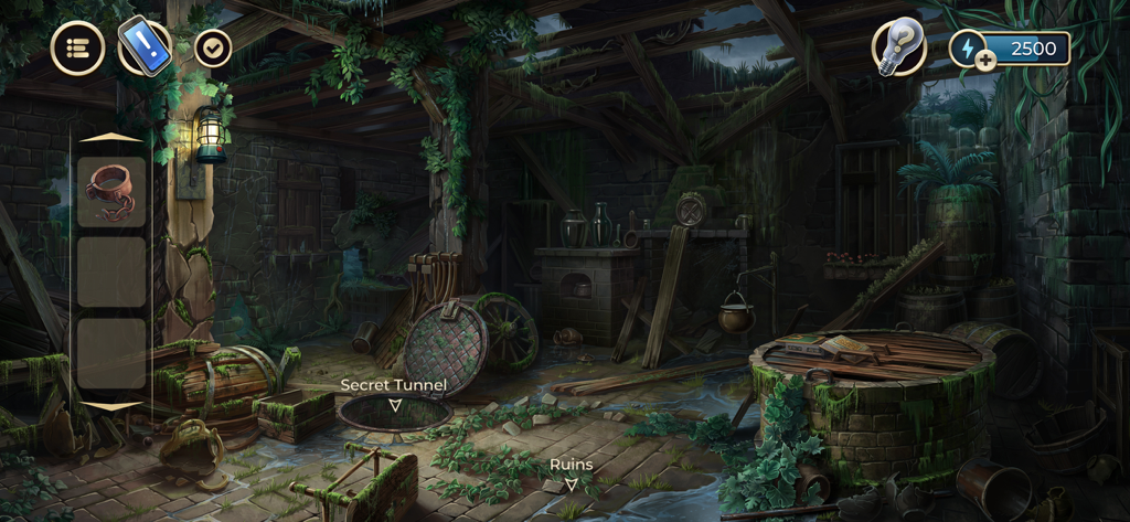 Interactive hidden object scene showing dark overgrown ruins with an open secret tunnel hatch and stone well.