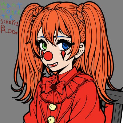 a anime girl with clown make up and with a sad and tired face