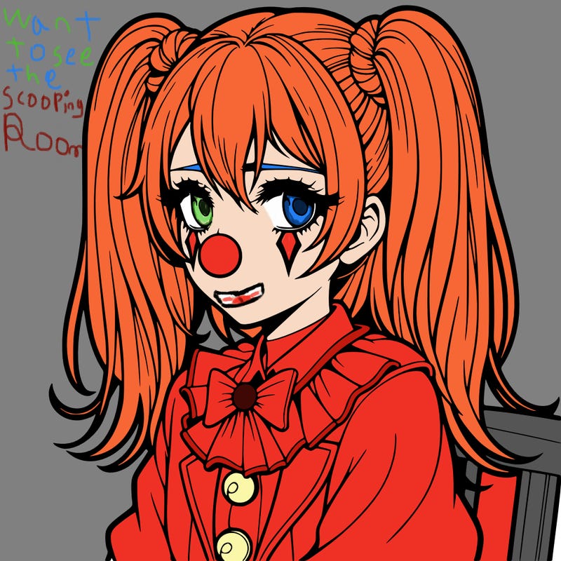 a anime girl with clown make up and with a sad and tired face