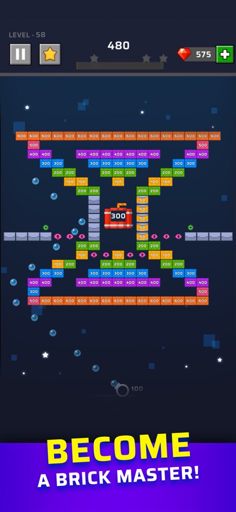 Mobile Gameplay von Brick Out, das ein Muster aus bunten Blöcken und einem zentralen TNT-Sprengstoff zeigt.