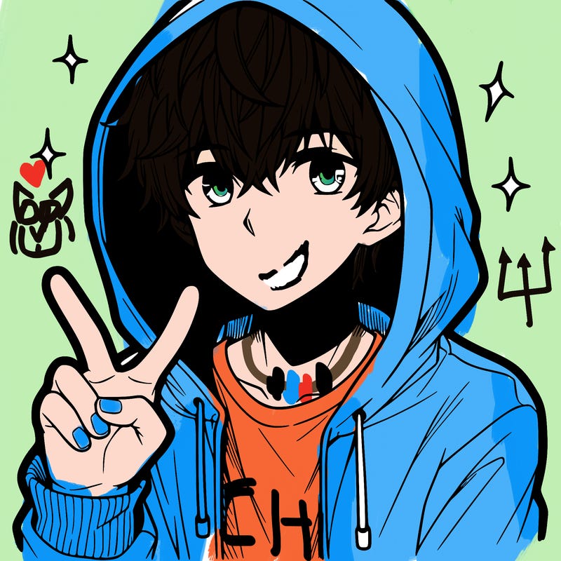 teenage manga boy in a hoodie, doing ✌