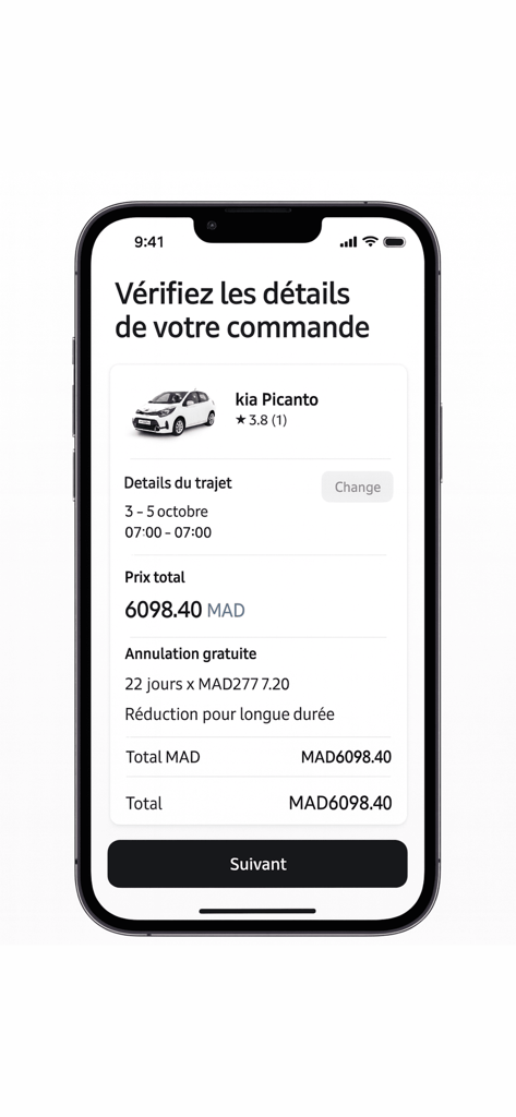 Cardnd app screen showing a booking summary for a Kia Picanto with total price and trip dates.