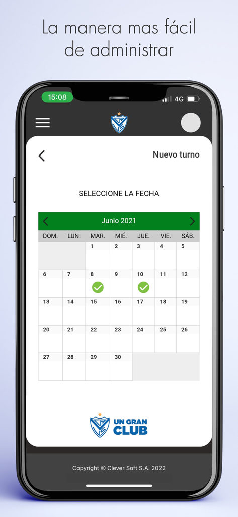 Captura de pantalla de la app Mi Velez mostrando una interfaz de calendario para que los socios programen citas y gestionen actividades.