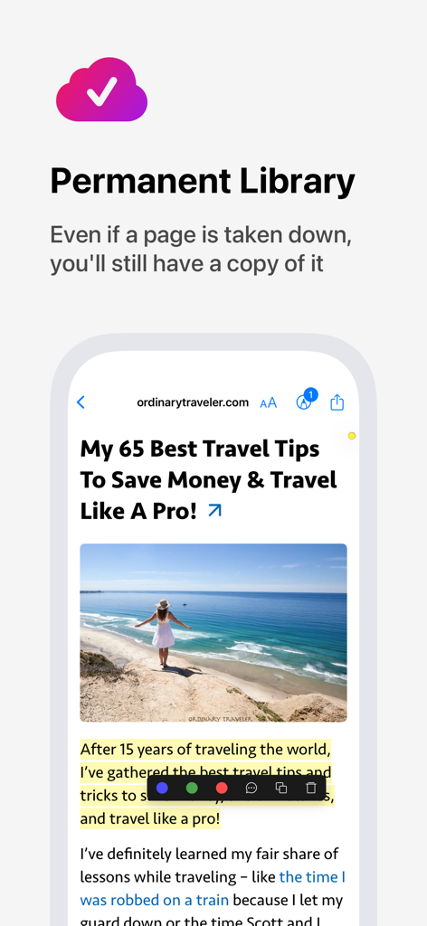 テキストのハイライトが含まれる、保存された旅行記事を表示するRaindrop.ioのパーマネントライブラリ機能