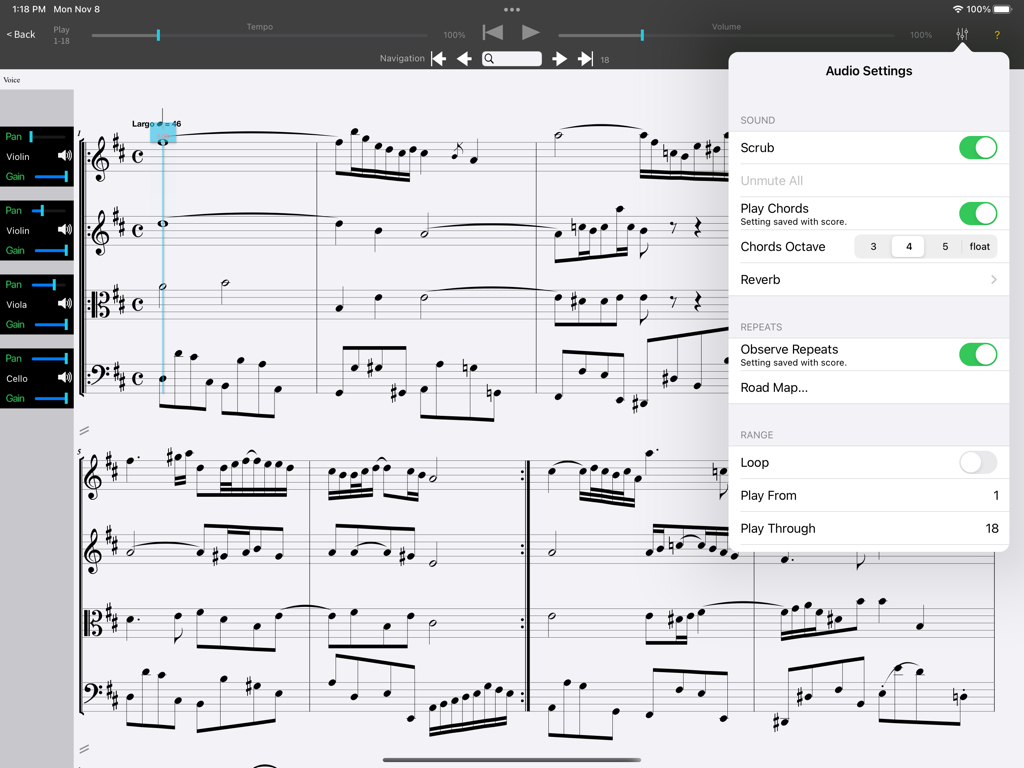 MusicJOT - MusicJOT App auf dem iPad zeigt eine Partitur mit geöffnetem Audio-Einstellungsmenü und Instrumenten-Mixer.