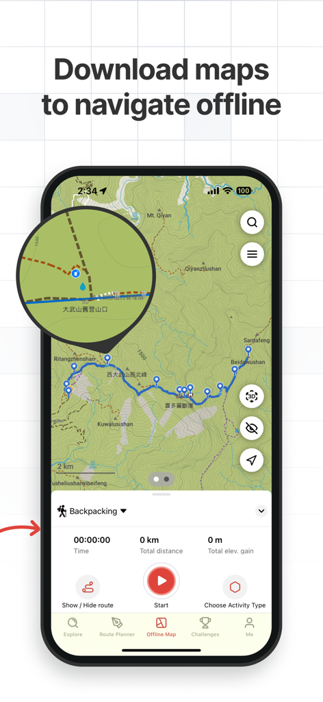 Hikingbook: Hike, Bike & Run - Hikingbook app interface showing a topographic map with a pinned route for offline navigation.