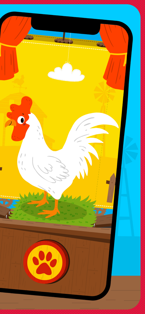 A white cartoon rooster on a theatrical stage with a yellow farm background and a red paw print button