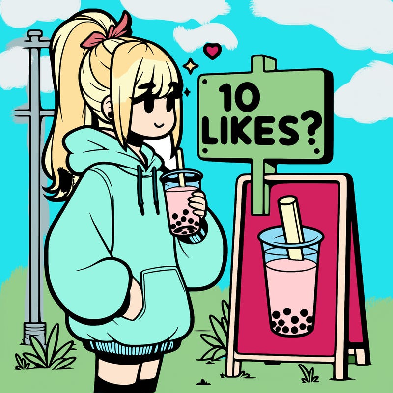 girl with oversized hoodie drinking boba and she has a high ponytail with a sign that says 10likes?
