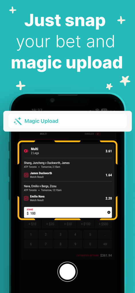 Bet Journal app Magic Upload feature scanning a multi-leg tennis betslip