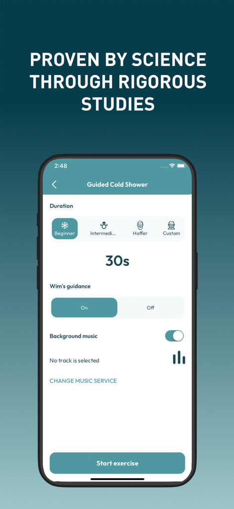 Interface of the Wim Hof Method app showing the guided cold shower setup for a thirty second beginner exercise.