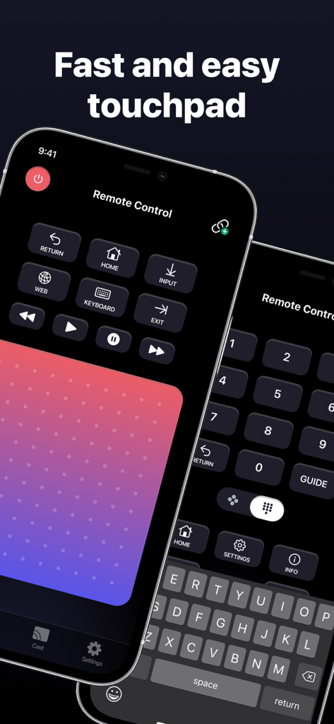 MyRemote TV app showing its fast touchpad and keyboard input features on an iPhone