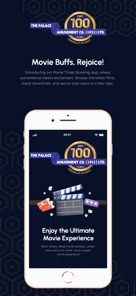 Palace Amusement - Palace Amusement mobile app promotional screen showing the home page on an iPhone with movie icons and booking information.