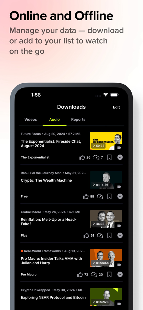 Real Vision - Real Vision app downloads screen with options for offline financial videos and podcasts.