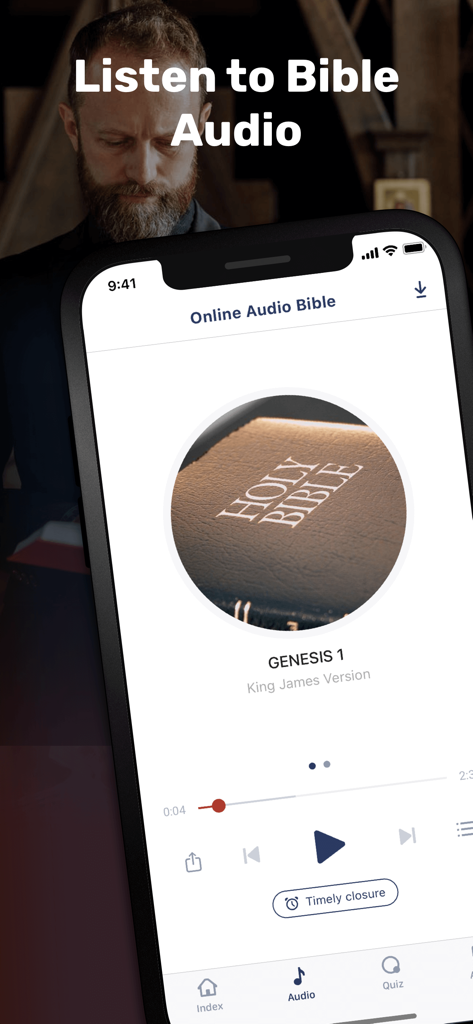 The Bible App-Daily study - Mobile app interface showing the Audio Bible feature playing Genesis 1 King James Version