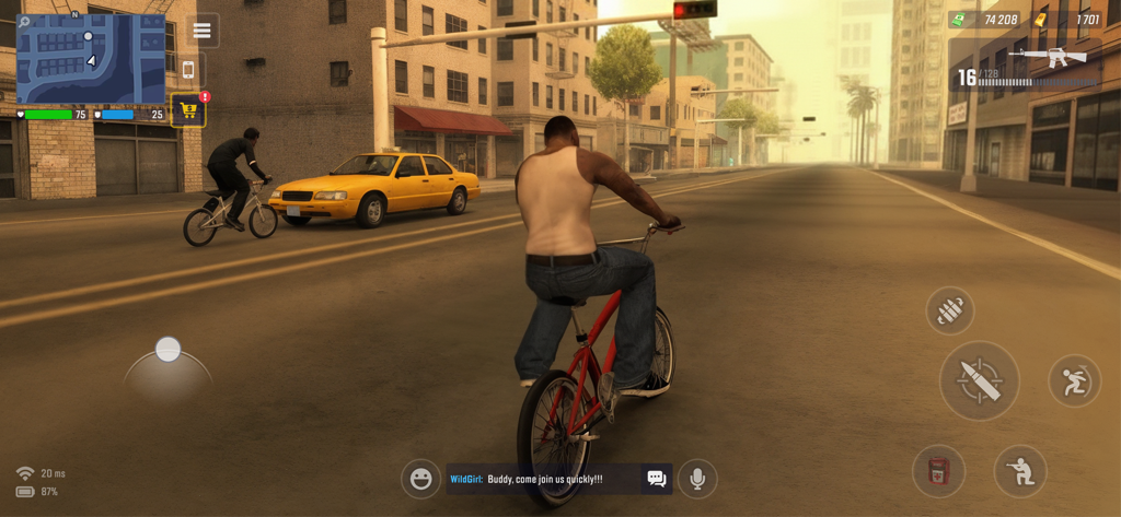 Un personaje montando en bicicleta por una calle urbana en el juego móvil Grand Hustle RP.