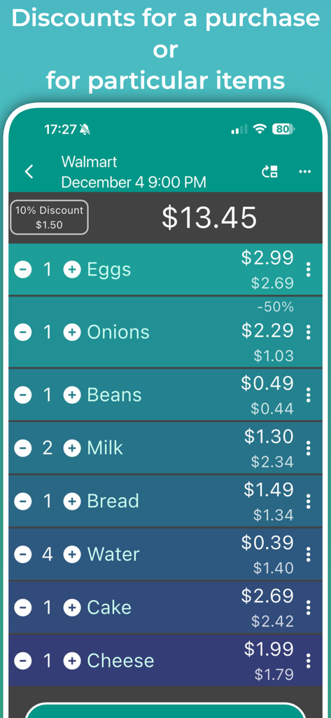 Shopping Calculator. - Una captura de pantalla de la aplicación Calculadora de Compras que muestra una lista de comestibles con descuentos individuales por artículo y un cálculo de ahorro total