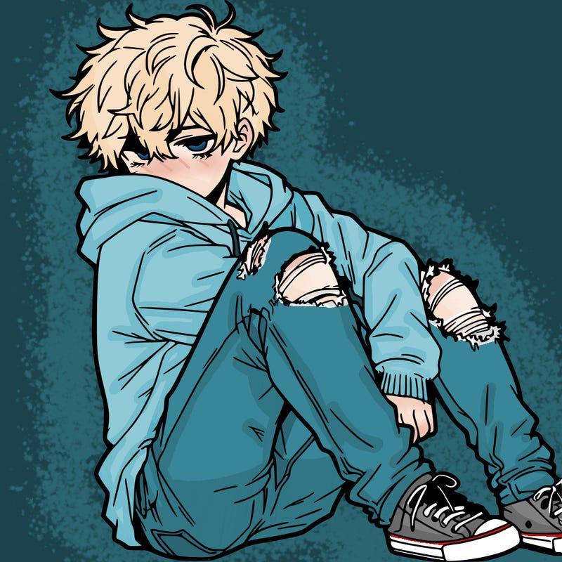a male hoddie ripped jeans messy hair anime