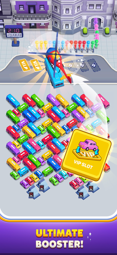Bus Out - Captura de pantalla del juego Bus Out mostrando un helicóptero potenciador levantando un autobús azul de un atasco de tráfico abarrotado con una función de ranura VIP.