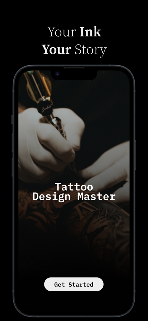 AI Tattoo Design Generator - Tela de boas-vindas do aplicativo Gerador de Design de Tatuagem por IA com um tatuador trabalhando e um botão iniciar