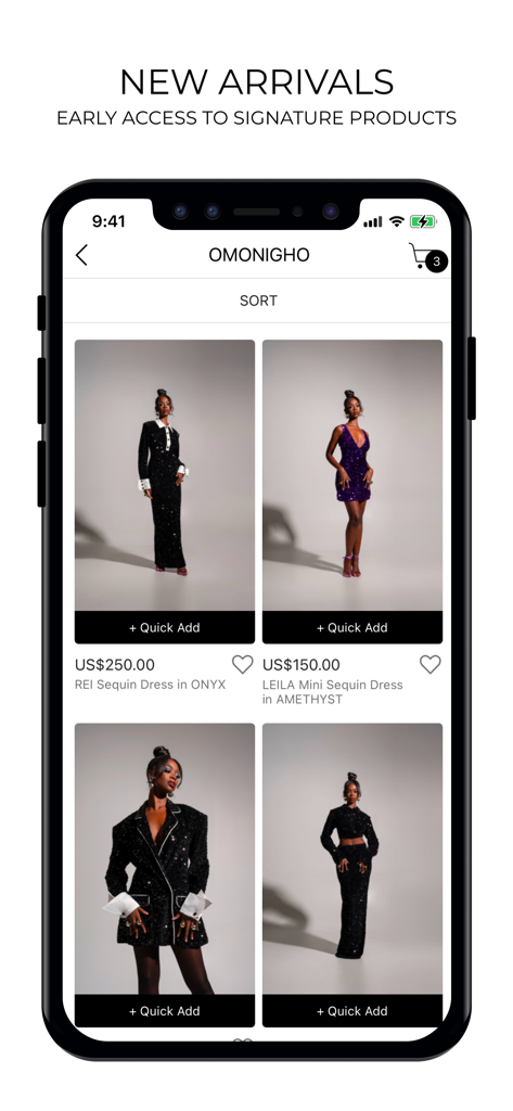 OFUURE - OFUURE mobile app interface showing the new arrivals section featuring sequin dresses and signature pieces.