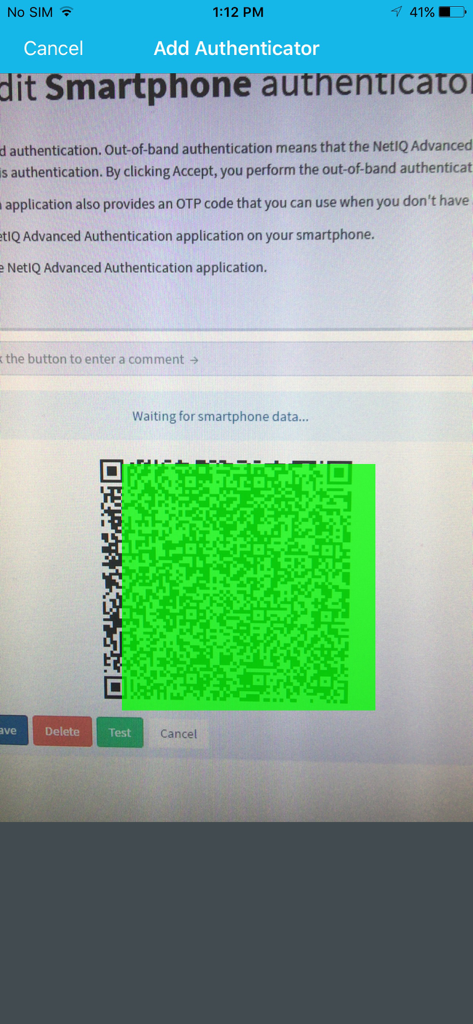 OT Advanced Authentication - Setup screen showing a QR code to add a smartphone authenticator in OT Advanced Authentication