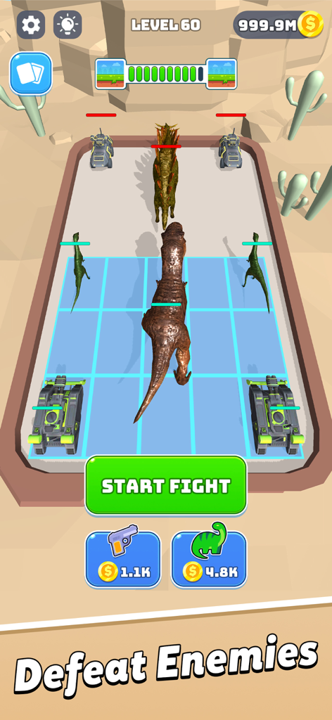 Merge Master: Dinosaurs Game - Merge Master Dinosaurs Game level 60 battle preparation with dinosaurs and tanks on a grid