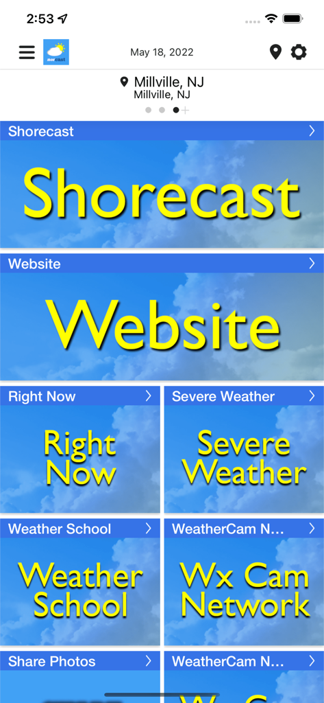 NorCast Weather app home screen with tiles for Shorecast and Severe Weather in South Jersey