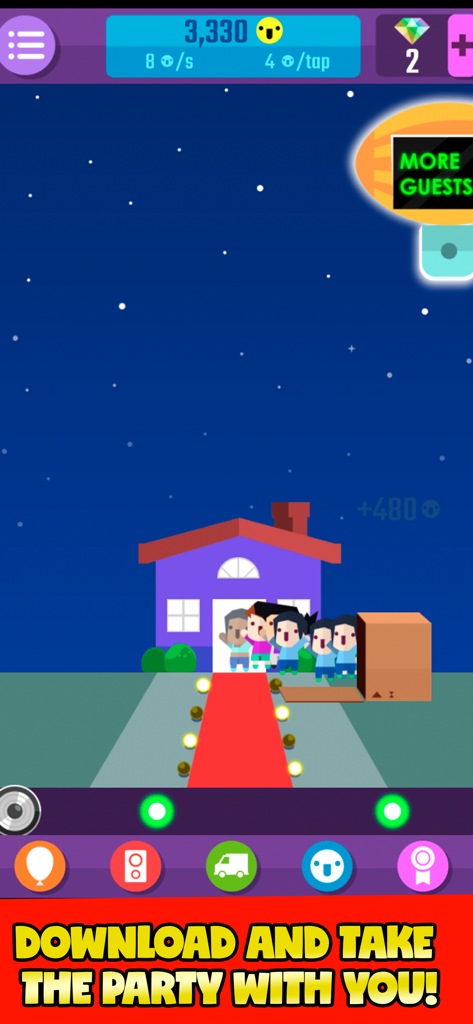 Epic Party Clicker - Mobile game screenshot of Epic Party Clicker showing a house with guests arriving on a red carpet